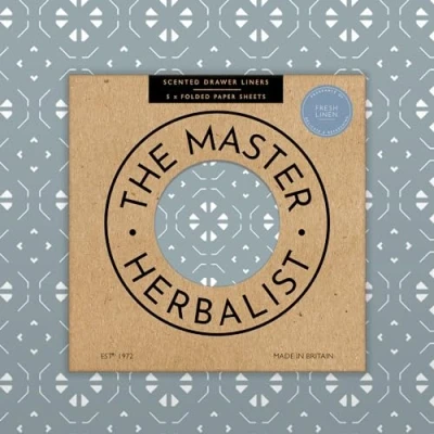 Image of the Master Herbalist Fragrant FRESH LINEN Scented Drawer Liners in a GEOMETRIC PRINT DUSK BLUE (FOLDED) Pack of 5 Sheets Contains Essential Oils Made UK