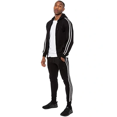 Image of Enzo Mens Full Tracksuit Set Regular Fit Striped Casual Zip Up Hoodie Joggers Gym Jogging Bottoms Hoody Top Sweat Pants Size S XXL (Black, L, l)
