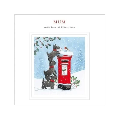 Image of Woodmansterne Artistic Female Relation Christmas Greeting Card Magical Mum Scottie Dogs &amp; Post Box Illustration Design by Tim Mason With an Embossed Finish, Multicoloured, 158 x 160mm