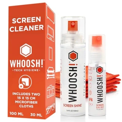 Image of WHOOSH! Screen Cleaner Spray and Wipe 100 ml + 30 2 Microfiber Cloth Wipes Duo XL with Large &amp; Travel Size Bottles for TV, Car, Computer, Laptop, MacBook, iPad, Phone, Camera, Eyeglass