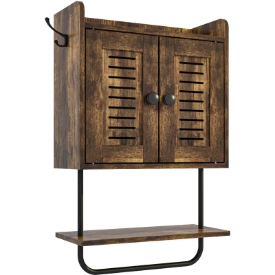 Image of Relaxdays wall cabinet, towel holder, 2 hooks, shelves, double doors, HWD: 61 x 40 17.5 cm, brown