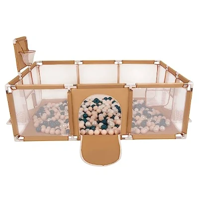 Image of Selonis Baby Playpen Big Size Playground with 100 Balls for Kids, Beige:Dark Turquoise/Pastel Beige/Pearl