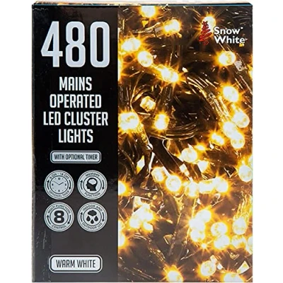 Image of VFM Warm White 480 LED 6.2M Cluster Christmas Lights Festive Bright String Xmas Tree Wedding Fairy Lighting Indoor &amp; Outdoor Mains Operated Multi Function