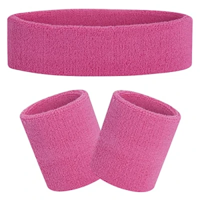 Image of FACATH Sweatband Set Pink Sports Headband Wristband Sweatbands Terry Cloth Athletic Exercise Basketball Wrist Band Headbands Moisture Wicking Sweat Absorbing Cotton Stripped