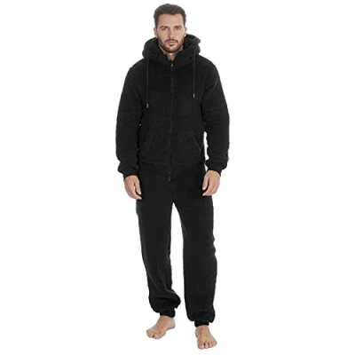 Image of Evotex Trading Mens All in One Borg Fleece Onesie Jumpsuit Pyjamas with Hood Black Size L/XL