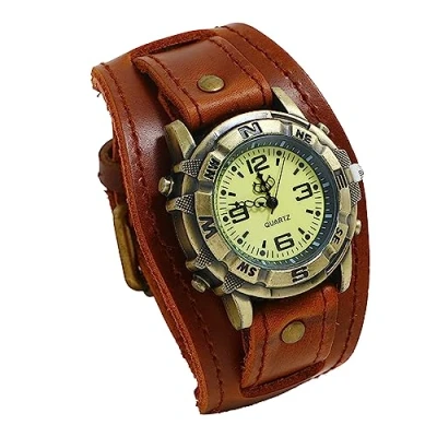 Image of JewelryWe Wide Leather Cuff Watch Vintage Wrist Retro Quartz Wristwatches for Men Women, Halloween