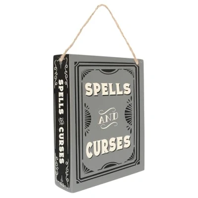 Image of Mysterious Spells &amp; Curses Hanging Sign: Gothic Design, Durable Construction, Easy Display for Haunted House Atmosphere, Indoor/Outdoor Halloween Decoration