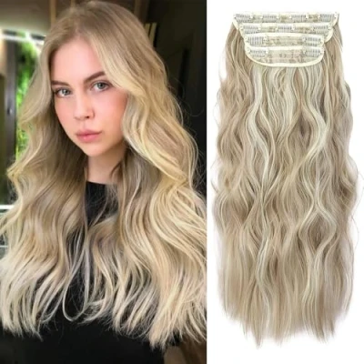 Image of 4Pcs Clip in Hair Extension, Curly Extension in, 20 Inches Long Synthetic Extensions, Soft Wavy Pieces for Women Full Head (Color:Dark Blonde Mixed Bleach Blonde)