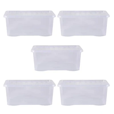 Image of Wham Crystal 5x 45L Plastic Storage Boxes with Lids. Medium Size, Strong (Pack of 5, 45 Litre). Made in the UK (Clear)
