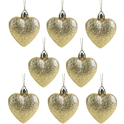 Image of Christmas Concepts® Pack of 8 60mm (2.4&quot;) Heart Shaped Tree Baubles Glitter Decorated (Gold)