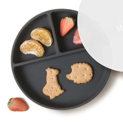 Image of Moonkie Suction Plates for Babies &amp; Toddlers BPA Free Weaning Plate with Lid Silicone Divided Microwave and Dishwasher Safe 1 Pack (Dark Grey)