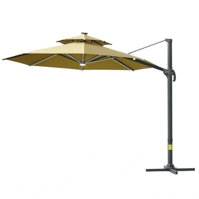 Image of Outsunny 3(m) Cantilever Roma Parasol with LED Solar Lights, Crank &amp; Tilt, Aluminium Frame, Cross Base and Adjustable Canopy 360 Rotating Sun Umbrella 2 Tier Shade, Beige