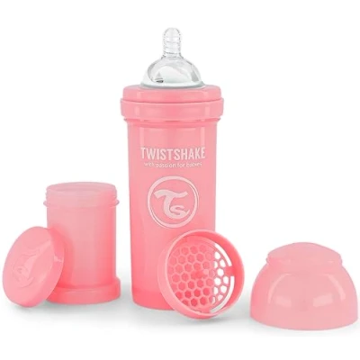 Image of Twistshake Anti Colic Baby Bottle with Milk Powder Container and Mixer 260ml Medium Flow Silicone Breast Like Nipple BPA Free Suitable for Newborn Babies (2+) Pink