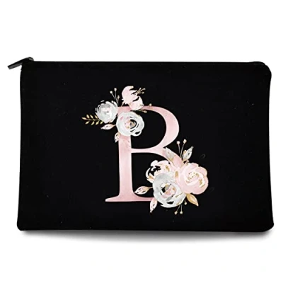 Image of 26 Letter Printed Zip Canvas Pouch Makeup Bag Make Up Bag, Cosmetic Travel Bag,Toiletry Bag,Organizer Bags,Toiletry Bags, Bride Bridesmaid Bag,Pencil Bag,Wash Bag,Coin Purse (Pink Flower B)