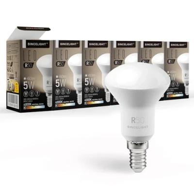 Image of SINCELIGHT LED 5W Light Bulbs with E14 Cap, R50 Reflector Milky Diffuser, Sofer and Milder Spotlight, Neutral White 4000K, Rich Color RA≈92, Pack of 6