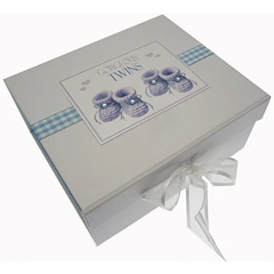 Image of White Cotton Cards Gorgeous Twins, Small Keepsake Box, Blue Booties