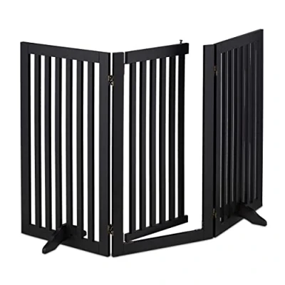Image of Relaxdays Safety Gate with Door, Retractable, Feet, Children &amp; Pets, Free Standing Barrier, HxW: 92x154 cm, Black, Fibreboard