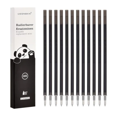 Image of LVZONGXIN 0.7 mm Refills, Compatible with Legami, Height 13 cm, [Pack of 12], [Black], Thermosensitive Ink, Erasable Gel Pen Refill