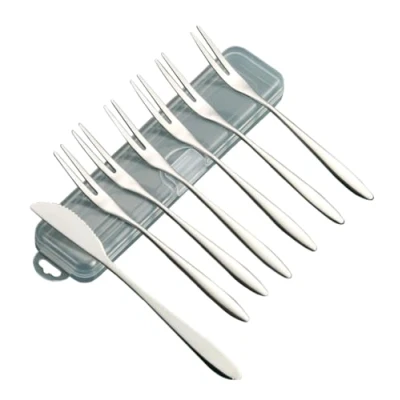Image of NestNook Two Tine Dessert Fork Set of 6 Cake Forks and 1 Knife Stainless Steel Tea Silver Pastry 13 CM(5.12 Inch) Small for Appetizer Fruit
