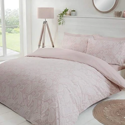 Image of Sleepdown Paisley Paste Floral Blush Pink White Plain Reverse Soft Easy Care Luxury Duvet Cover Quilt Bedding Set with Pillowcases Super King (220cm x 260cm), Polycotton