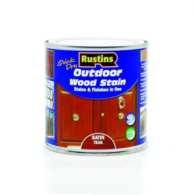 Image of Rustins Quick Dry Outdoor Wood Satin Teak 250ml Durable and Weather Resistant Finish, Fast Drying, Vibrant Color for Decks, Fences, &amp; Furniture, Available in Many Shades