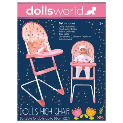Image of DOLLSWORLD from Peterkin Folding High chair, suitable for Dolls up to 56cm (22&quot;) chair measures 33 x 26 60cm &amp; Accessories Ages 3+
