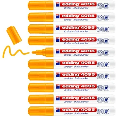 Image of edding 4095 chalk marker neon orange 10 pens round tip 2 3 mm medium tipped wet wipe pen for chalkboards, windows, glass, mirrors liquid opaque coverage