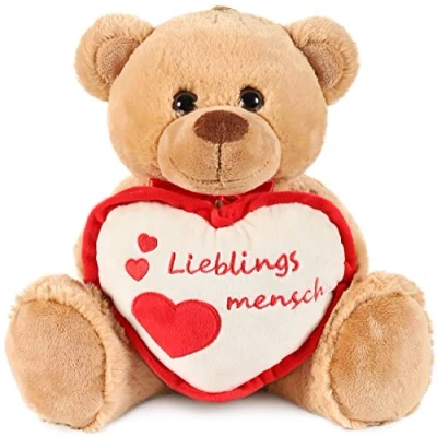 Image of BRUBAKER Teddy Plush Bear With Heart Red Beige Lieblingsmensch 14 Inches (35 Cm) Cuddly Toy Light Brown