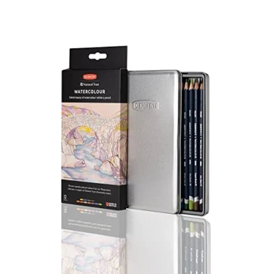 Image of Derwent National Trust Watercolour Pencils Set Of 12 In Tin, 3.5 mm Core, Premium Strength, Soft Texture, Water Soluble and Blendable, For Drawing, Colouring Layering, Professional Quality 2306102