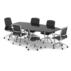 Image of High Gloss 2400mm Writable Boardroom Table Black + 6 Executive Chairs