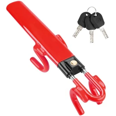 Image of Tevlaphee Steering Wheel Lock Twin Bar, Lock, Car Locks, Anti Theft Device, High Visibility, Heavy Duty, Universal Fit, Adjustable Length,3 Keys(Red)
