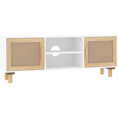 Image of vidaXL TV Cabinet White 105x30x40 cm Solid Wood Pine&amp;Natural Rattan