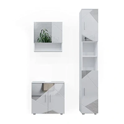 Image of Vicco Bathroom furniture set Irma, White high gloss with inserts, 3 parts, drawer unit and tall