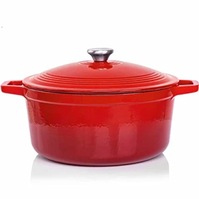Image of Cast Iron Dutch Oven Red 6L with Lid Thick, Heavy Duty 5.5qt Attractive Gloss Enamel, Even Heat Retention, Self Circulating, for Fry, Roast, Stew, Bread. Feeds 6 7 People