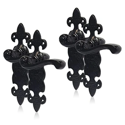 Image of XFORT Smithy&#039;s Range Fleur De LYS Lever Latch Duo Pack Black Antique, Complete Set with Door Handles, Twin Handles for Internal Wooden Doors.