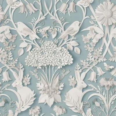Image of Woodland Blue Wallpaper Floral Leaves Flowers Rabbits Animal Print Naturistic Stylish Feature Wall