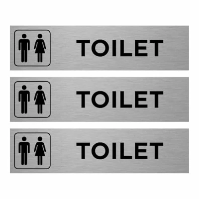 Image of Slimline Aluminium Ladies Gentlemen Symbol Toilet Sign from ViroDisplay® 200 x 50mm Brushed Silver Durable Printed Surface Self Adhesive Fixing (Pack of 3)