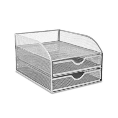 Image of OSCO Silver Wiremesh 2 Drawer Sorter with Letter Tray A4 Drawers Desk Tidy Document Storage Paperwork Organiser File Holder H18.5 x W25 D34.2 cm