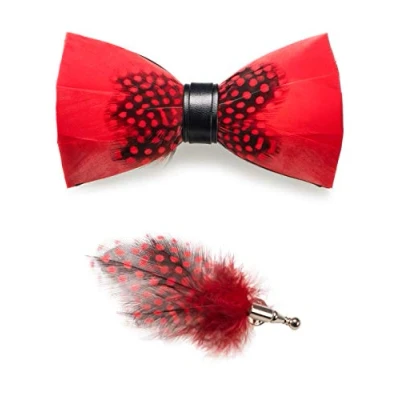 Image of JEMYGINS Red Feather Bow tie Leather and Brooch Sets for Men(7)