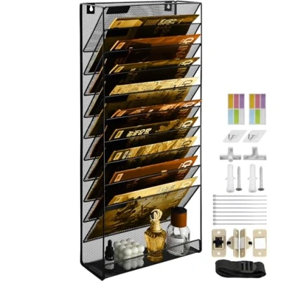 Image of PLSOPPKG 11 Tier Hanging Wall File Holder, Metal Mesh Magazine Rack, A4 Pocket Mail Organiser Storage Mounted Organizer, Black