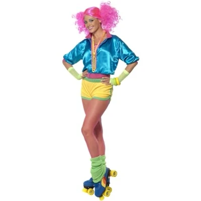 Image of Smiffys Skater Girl Costume, Neon with Top, Shorts and Boob Tube, 1980&#039;s Fancy Dress, 1980s Dress Up Costumes