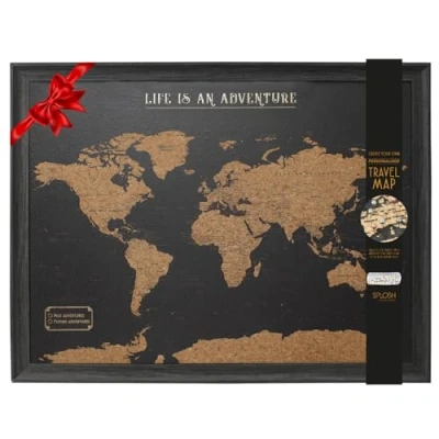 Image of Splosh Small World Travel Maps. Map Pin Board in White, Wooden Frame. Cork with 100 Pins 2 Colours to Mark Your Past and Future Adventures. Framed Maps for Wall. (Black)