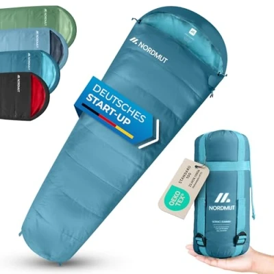Image of NORDMUT® Summer Sleeping Bag Ultralight with Small Pack Size [100 GSM] Comfortable Including Compression Mummy Waterproof [900 g] Ideal for Outdoor and Camping