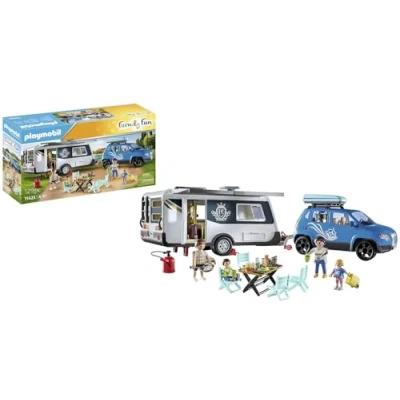Image of Playmobil 71423 Family fun Caravan with Car, versatile camping in the nature extensive equipment, outdoor toy and imaginative role play, playsets suitable for children ages 4+