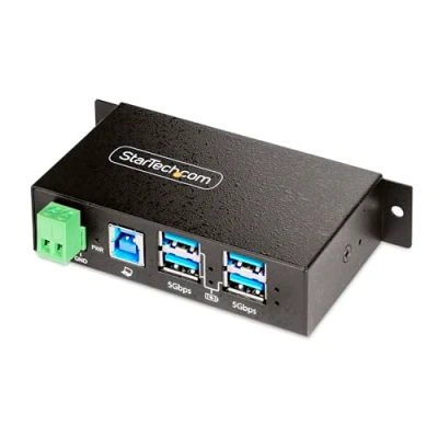 Image of StarTech.com 4 Port Managed USB Hub with 4x A, Heavy Duty Metal Industrial Housing, ESD &amp; Surge Protection, Wall/Desk/Din Rail Mountable, 3.0/3.1/3.2 Gen 1 5Gbps (5G4AINDRM A HUB)