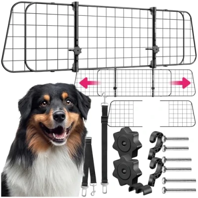 Image of TecTake® Dog Guard for Cars with Adjustable Width, Secure Steel Grid Design, Easy Installation, Universal Barrier Boot, Incl. 2 Seat Belts, Slim, Space Saving Car Safe Transport