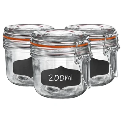 Image of Argon Tableware Glass Jars with Airtight Metal Clip Lid &amp; Chalkboard Stickers 200ml/6.7oz 6 Pack 4 Colour Seals Kitchen Container Round Preserving Jar for Pickling, Chutney, Jam, Coffee