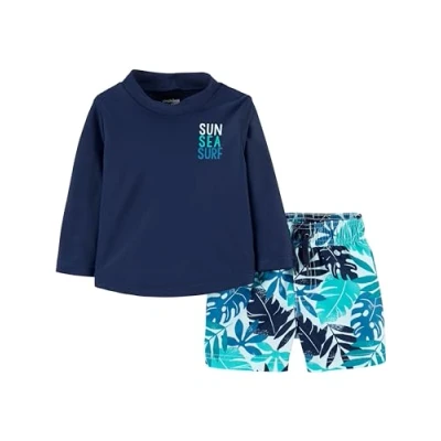 Image of Simple Joys by Carter&#039;s Toddler Boys&#039; Swimsuit Trunk and Rashguard Set, Navy White Tropical, 3 Years