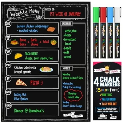 Image of Chalky Crown Meal Planner Board Magnetic Dry Erase Menu for Fridge Includes 4 Liquid Chalk Markers Weekly Blackboard, Grocery List Kitchen Refrigerator Black