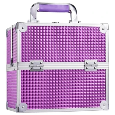 Image of Makeup Case Vanity Box 4 Trays Beauty Organiser Cosmetic Storage with Locks, Purple